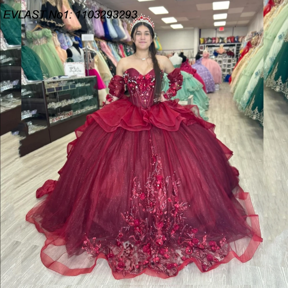 Quinceanera Dress Burgundy Shiny Ball Gown Floral Applique Beading Tiered Sweet 16 E1Q225