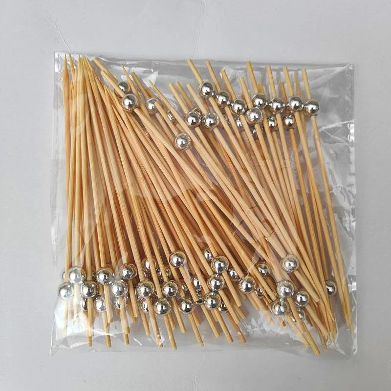 100pcs 12cm Gold Beads Bamboo Fruit Sticks Fruit Salad Snack Fork Cocktail Decor Cake Buffet Toothpicks Party Tableware Supplies