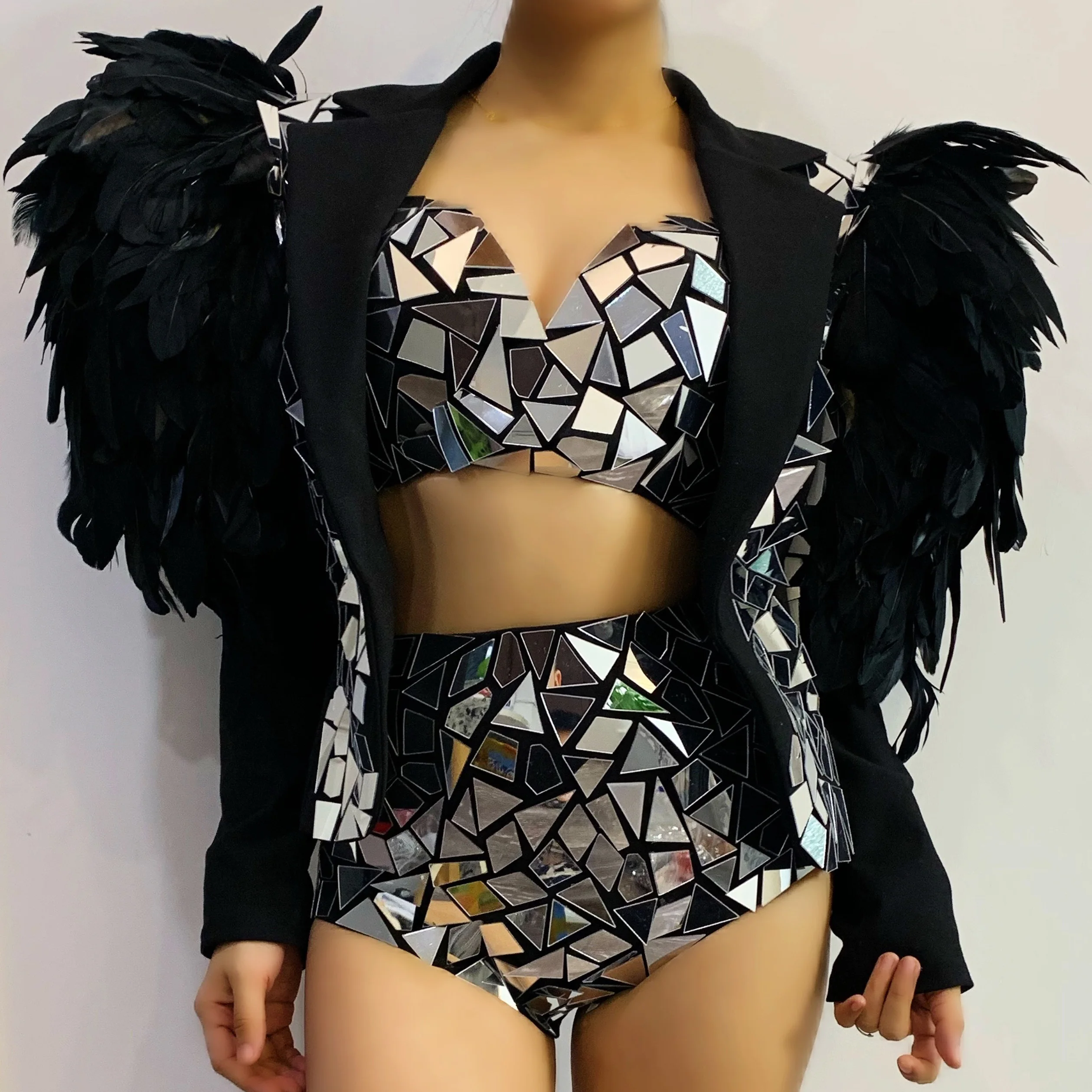 

Black Feather Silver Mirror Coat Sequin Bikini Women Singer Concert Exaggerated Dance Performance Party Show Drag Queen Costume