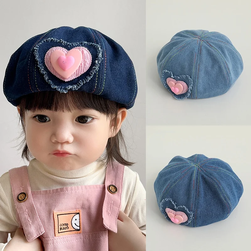 Fashion Cowboy Baby Hat Solid Color Love Girls Warm Beret Vintage Beret Hat Kids Autumn Winter Children Artist Painter Cap 3-8Y