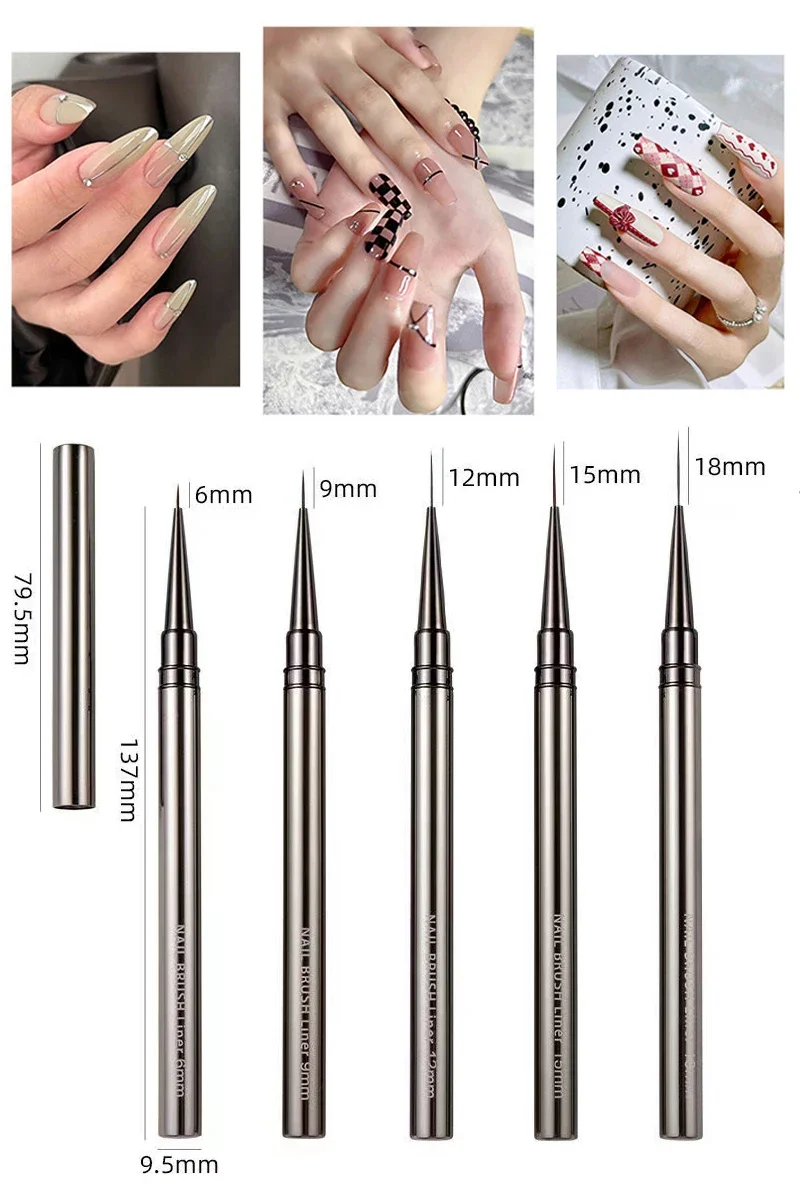 Description Picture 3 of item6/9/12/15/18mm Nail Liner Brush Drawing Lines Stripe Painting Flower Pen Metal Handle Nail Art Pen Nail Art Brush Manicure Tools