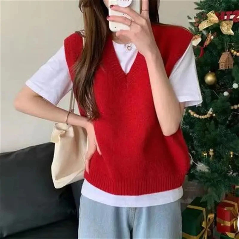 올 매치 봄 여성 솔리드 캐주얼 니트 조끼 가디건, 여성용 루즈하고 부드럽고 우아한 따뜻한 스웨터, 레드 레트로 모리 스웨터