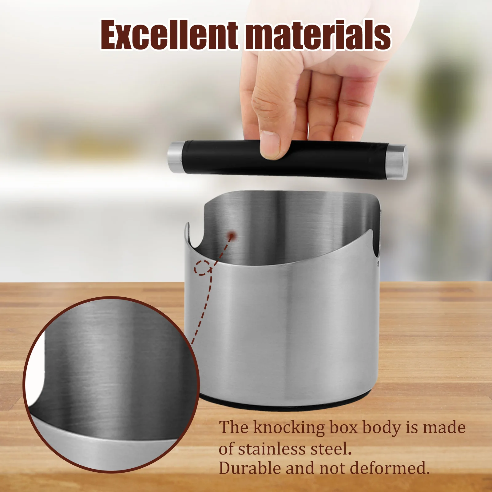 Coffee Knock Box Stainless Steel Espresso Knock Box Non Slip Coffee Ground Knock Box with Rubber Ring Beveled Coffee Ground Bin