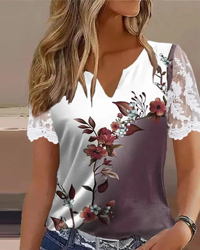 

Ombre Floral Print Lace Patch Notch Neck Top Women Short Sleeve Summer Spring T Shirt Tee Tops