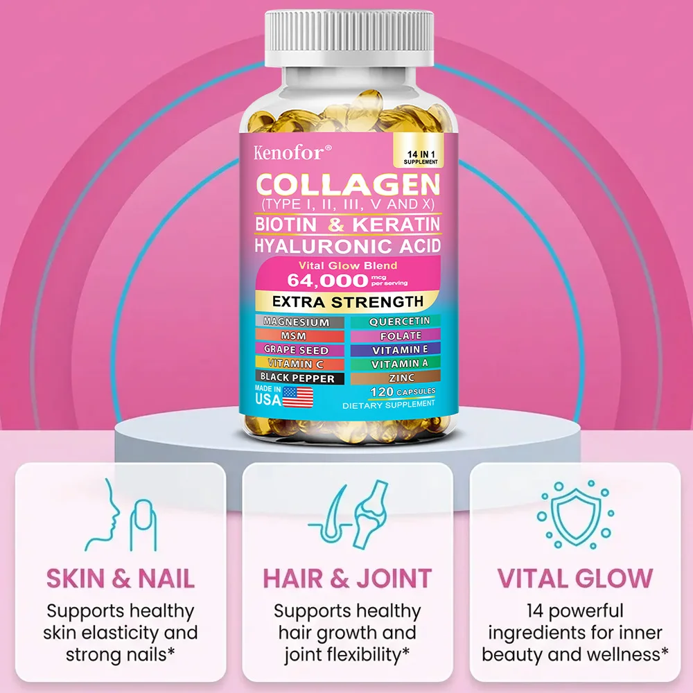 Collagen Capsules with Types I,II,III,V,X + Biotin Keratin Vitamins, Anti‑Aging, Skin Whitening, Hair, Nail Care & Joint Support