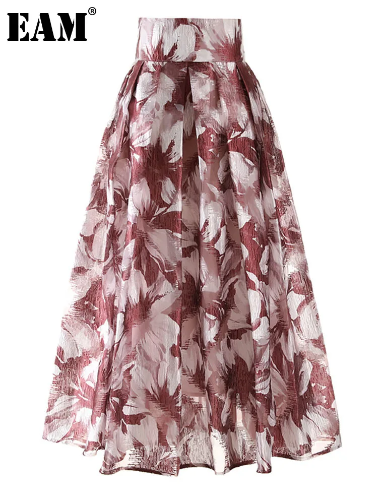 

[EAM] High Elastic Waist Red Brown Printed Long Pleated A-line Half-body Skirt Women Fashion Tide New Spring Autumn 2024 1DF8922