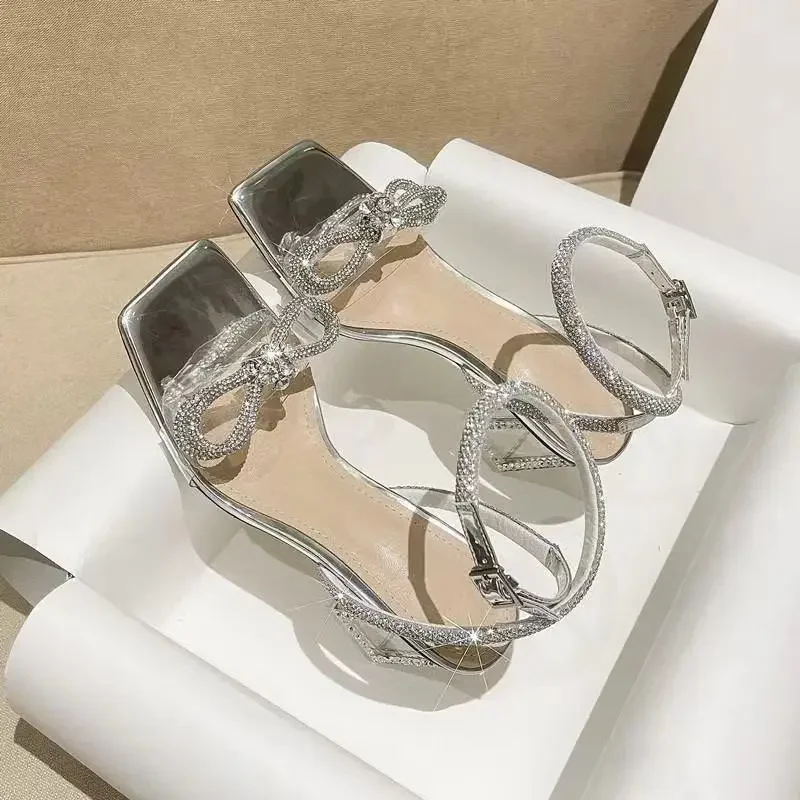 

Crystal Thick Heel High Heel Silver Transparent Rhinestone Buckle Strap Caligae Heels Advanced Outer Running Bamboo Fiber