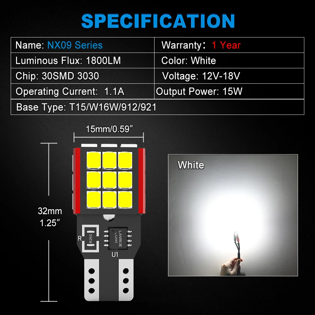 NAO T15 W16W LED CNABUS    T16 15W 1500LM 921 30SMD 3030   ڵ  Ʈ  12V ڵ  