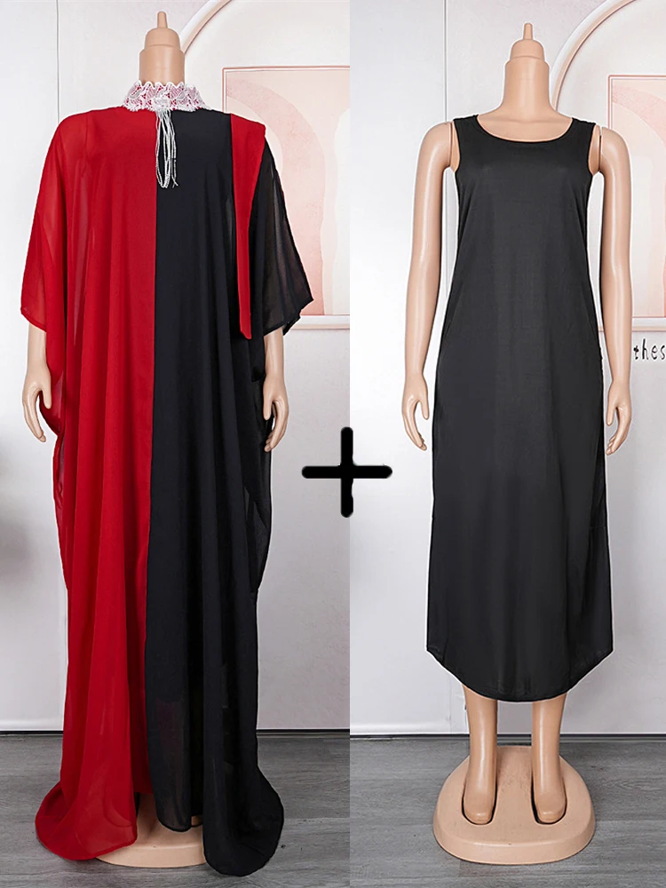 2024 Eid Mubarak Muslim Fashion Abayas Dubai Chiffon Long Dress Musulman Ensembles Two Piece Set Clothing Wedding Party Gowns