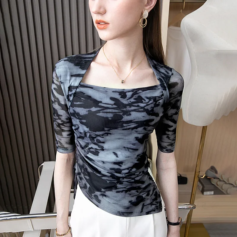 

High Quality 2023 Women Tops Spring Summer Print Tie-dye T-shirt Female Clothing Sexy Crop Top Clothes Casual Fashion Blouse Y2k