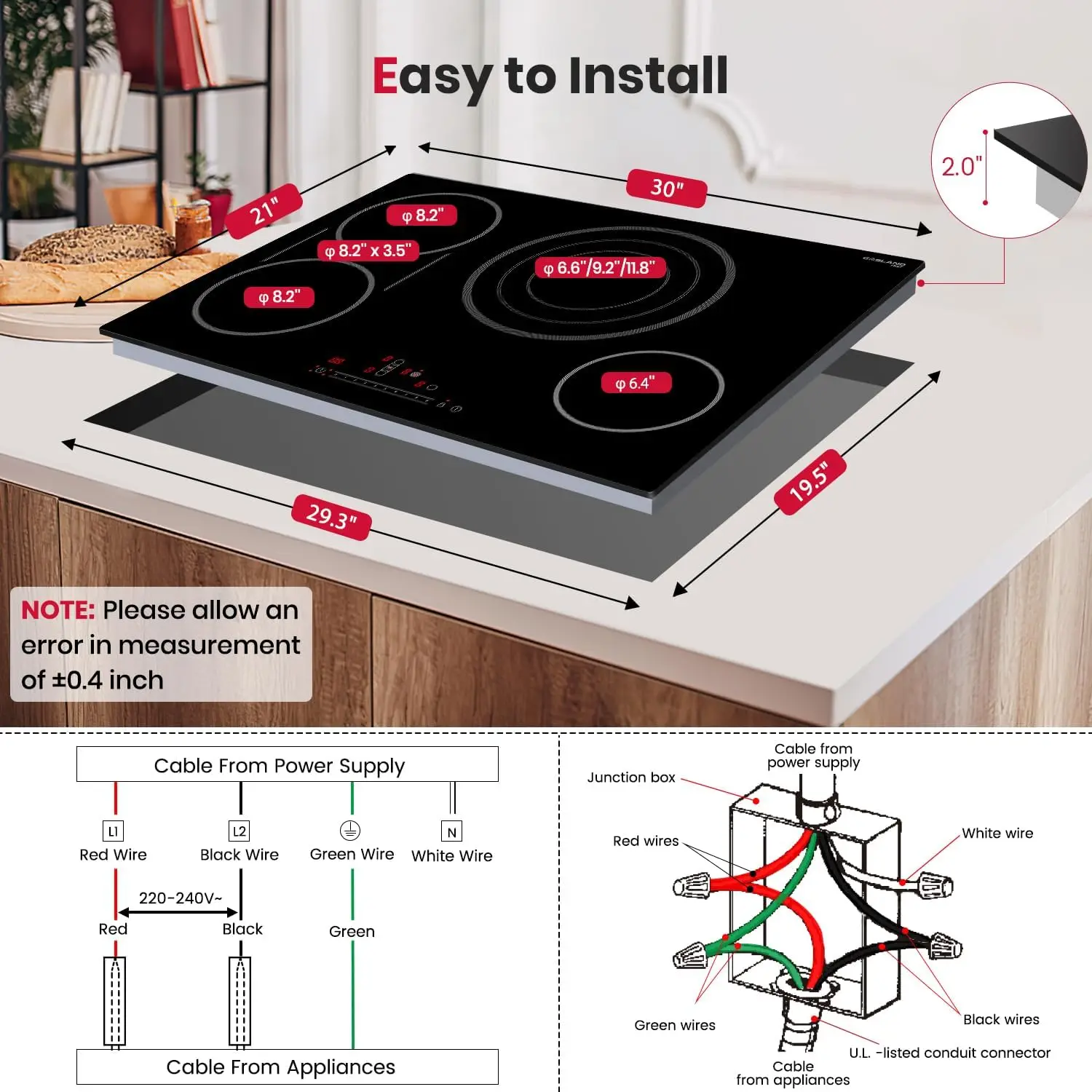 30 Inch Electric Cooktop 4 Burners ETL&FCC Certificated Built-in Radiant Ceramic Cooktop Sync&Triple Burners Slide Touch Control