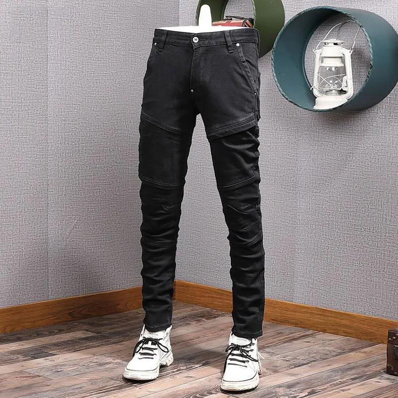 Streetwear Fashion Men Jeans Black Stretch Slim Fit Spliced Designer Biker Jeans Homme Patched Hip Hop Denim Punk Pants Men