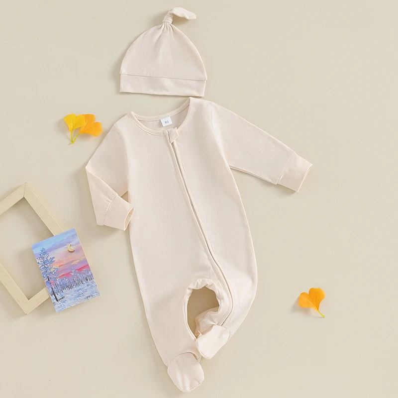 Citgeett Autumn Newborn Baby Girls Boys Footies Rompers Clothes Solid Color Long Sleeve Zipper Fall Clothes Hat