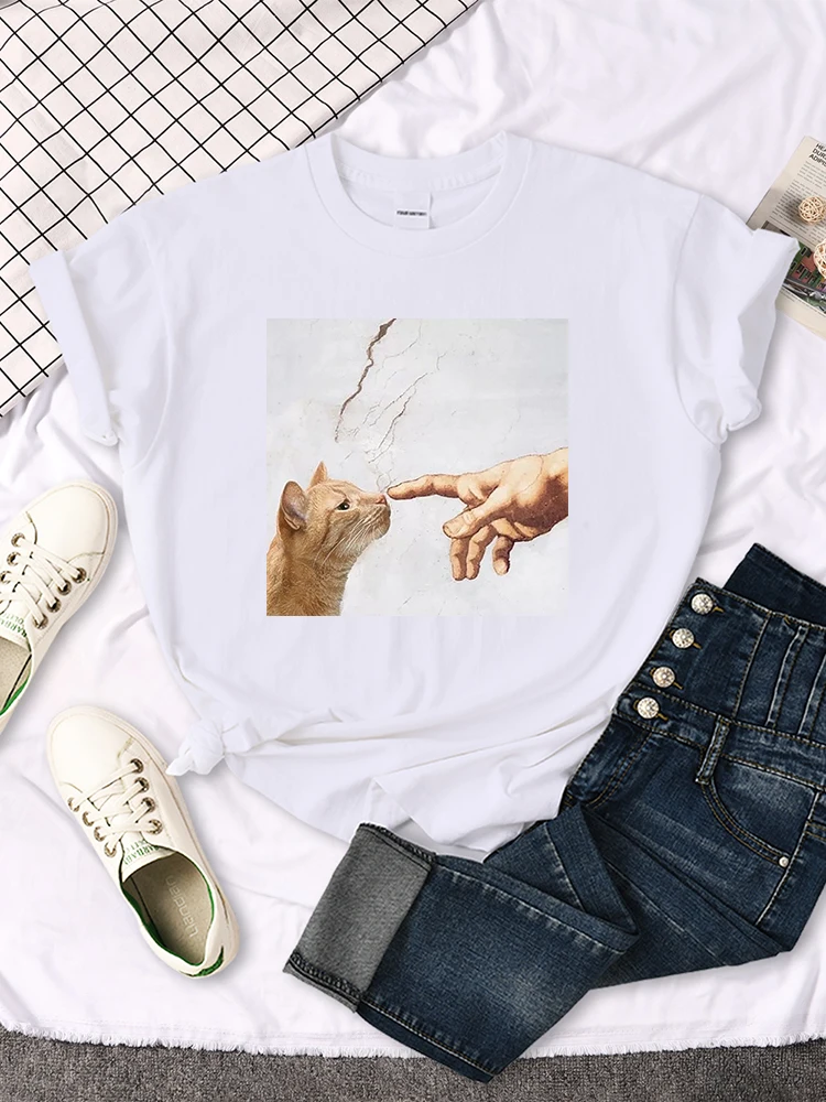 T Shirt Funny Cute Cat And Manpower Printed Womens T-Shirt Kawaii Fashion Woman Clothes Oversized Harajuku Tshirt For Women's