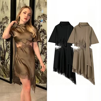 Women's Dresses Fashion Satin Lace Mini Dress Summer Women Asymmetric Cut out Dress Female Elegant Party Dresses