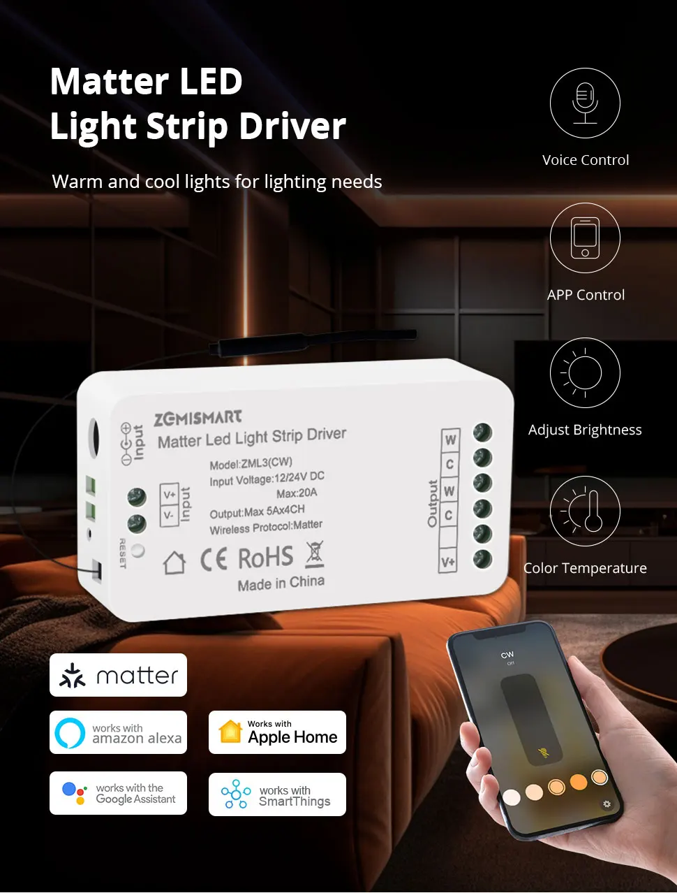Zemismart Matter Over WiFi RGBCW CCT Led Strip Light Driver Smart Controller Wor
