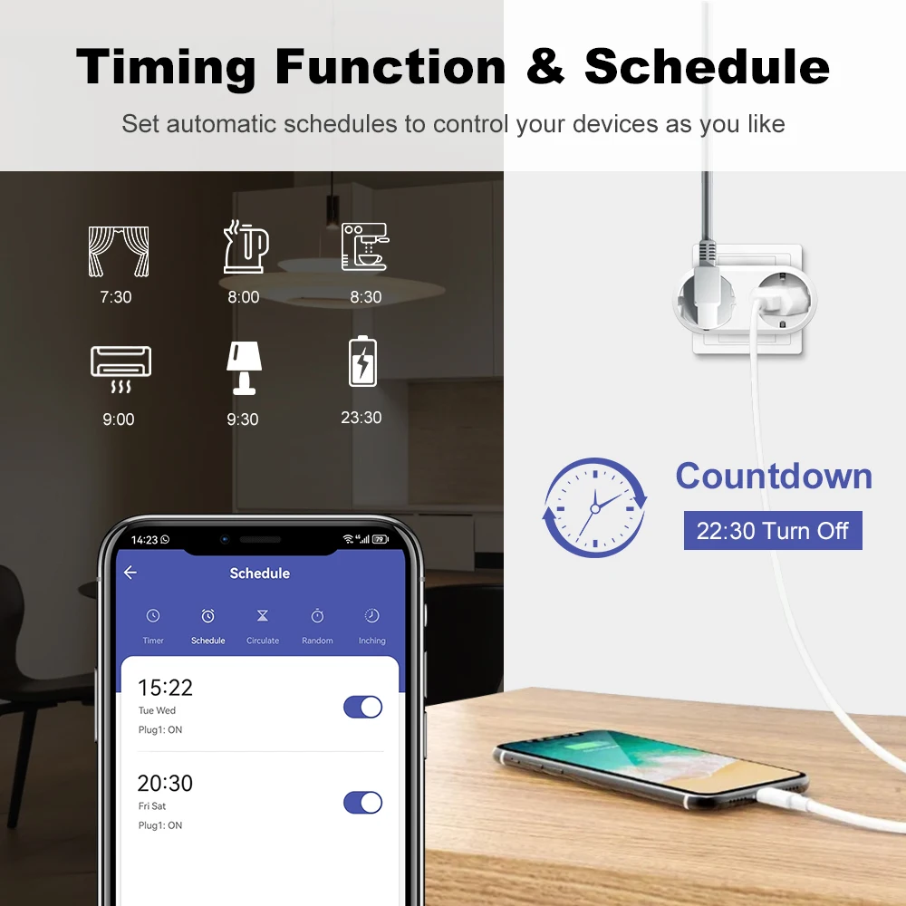 Tuya WiFi Dual Outlet 16A APP Smart Plug 2 in 1 Socket EU with Energy Metering Timer Function Works with Alexa Google Controlled