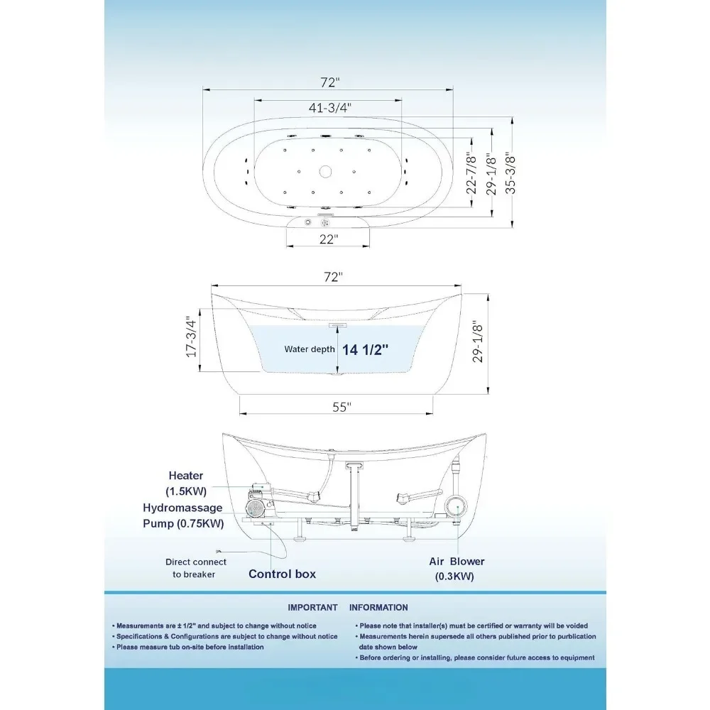 72" Freestanding Bathtub with Whirlpool Water Jetted and Air Bubble，Heated Soaking Combination Bathtub with LED Control Panel 6