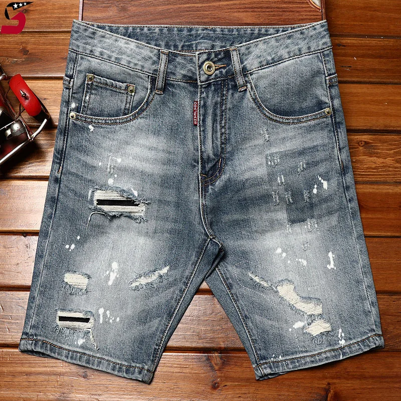 Summer Fashion High-End Ripped Denim Shorts Men's Stretch Slim Fit Fashion Haulage Motor Style Street Retro Blue Shorts
