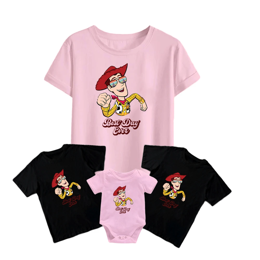 

Funny Woody with Sunglasses Graphics Family Look Disney Toy Story Kids Short Sleeve Baby Romper New Summer Unisex Adult T-Shirt