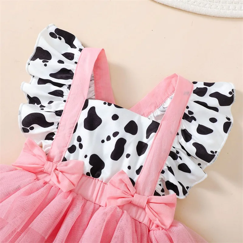 Newborn Baby Girl Pink Cow Print Ruffle Tutu Tulle Romper Dress Princess Birthday Western Cowgirl Summer Outfit 6