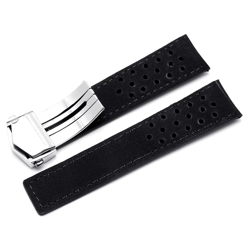 Watchband For TAG Heuer Men\'s Frosted Air Hole Leather Folding Buckle, 20mm 22mm 24 Grey Black Brown Genuine Leather Watch Strap