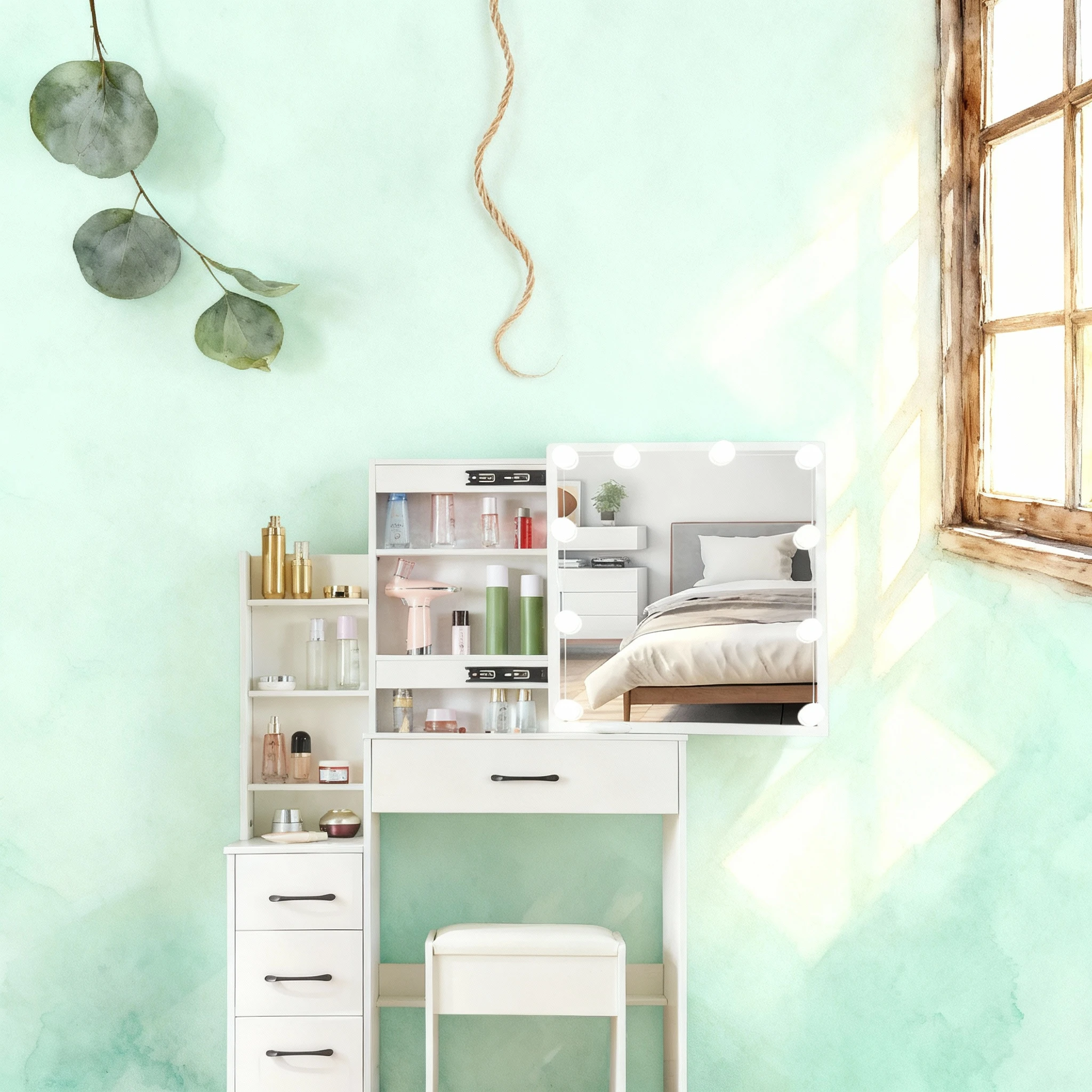 White Dressing Table Wood Makeup Desk+ LED Mirror 4 Drawers Stool for Bedroom
