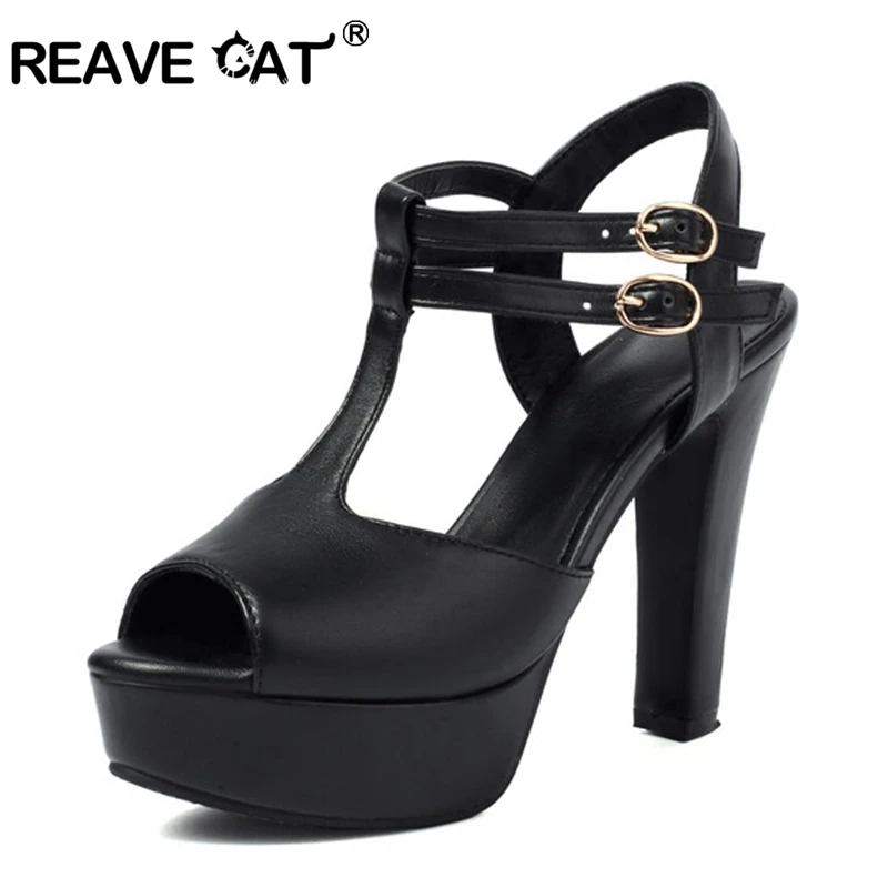 

REAVE CAT Sexy Elegant Open Toe Women Sandals 12cm Thin Stiletto Heel 2cm Platform Buckles T Strap Party Big Size 41 42 43 Black