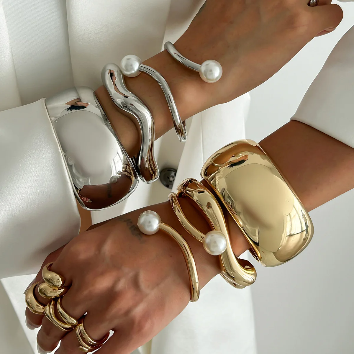 DIEZI Exaggerated Chunky Cuff Wide Bangles Punk Geometric Imitation Pearl Gold Color Heavy Metal Bangles For Women Men Bracelets 3