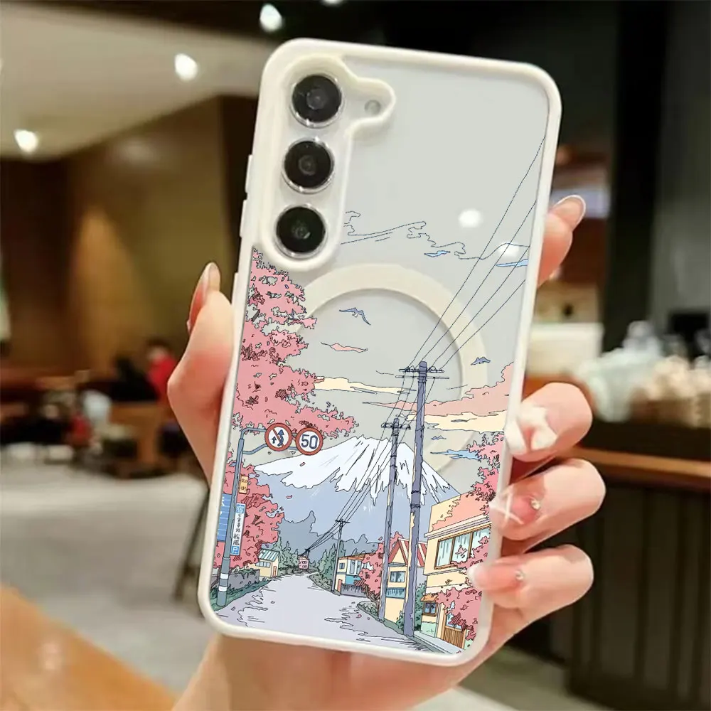 Japanese Cartoon Landscape Magnetic Phone Case with Wireless Charging Capability