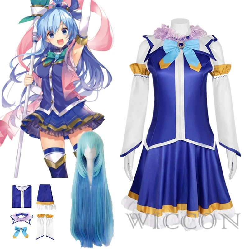 Женское платье для косплея Anmine Konoosuba Aqua, красивые аниме костюмы для косплея с голубым градиентом, парик