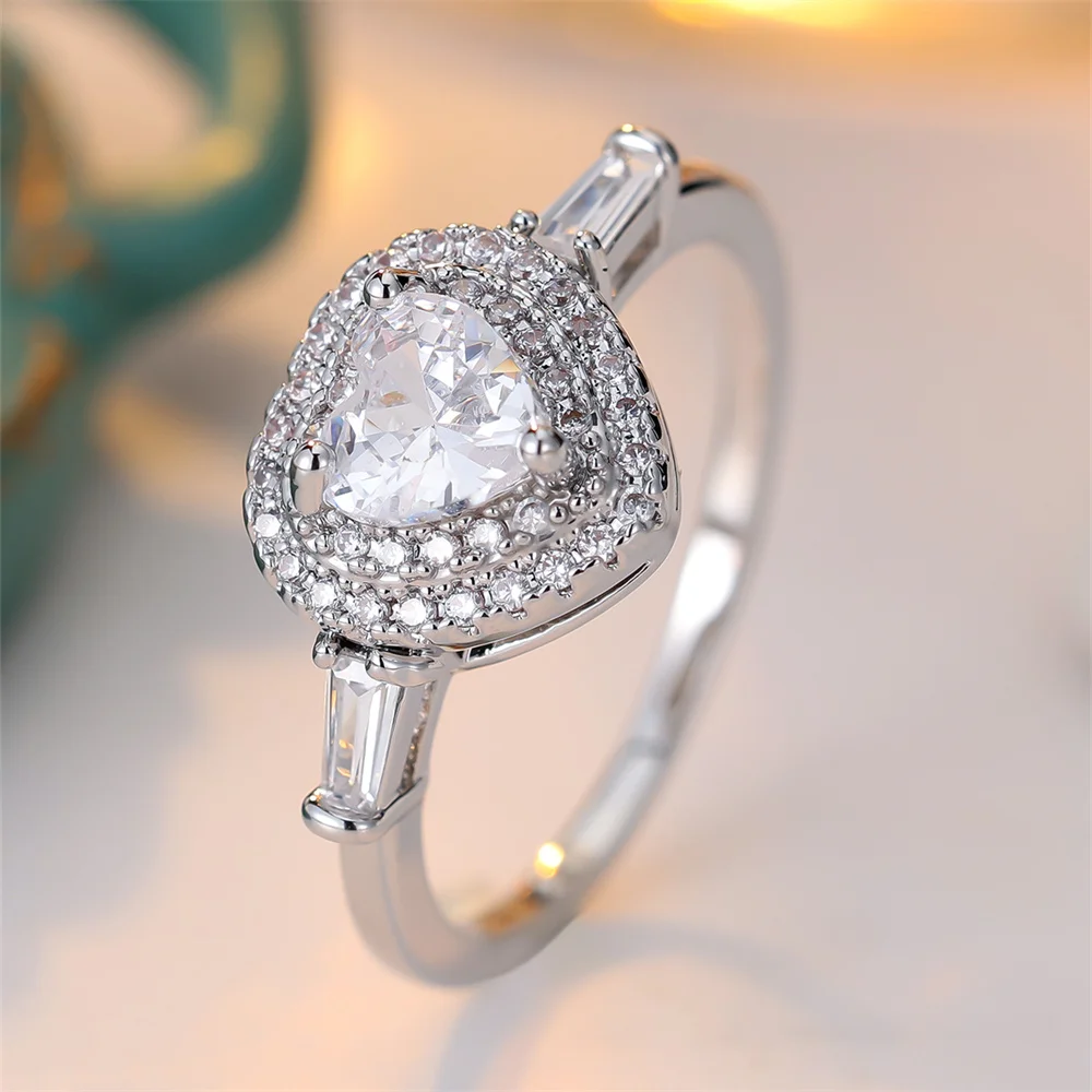 Trendy White Zircon Love Heart Stone Rings For Women Classic Silver Color Engagement Bands Wedding Jewelry Bridal Versatile Gift