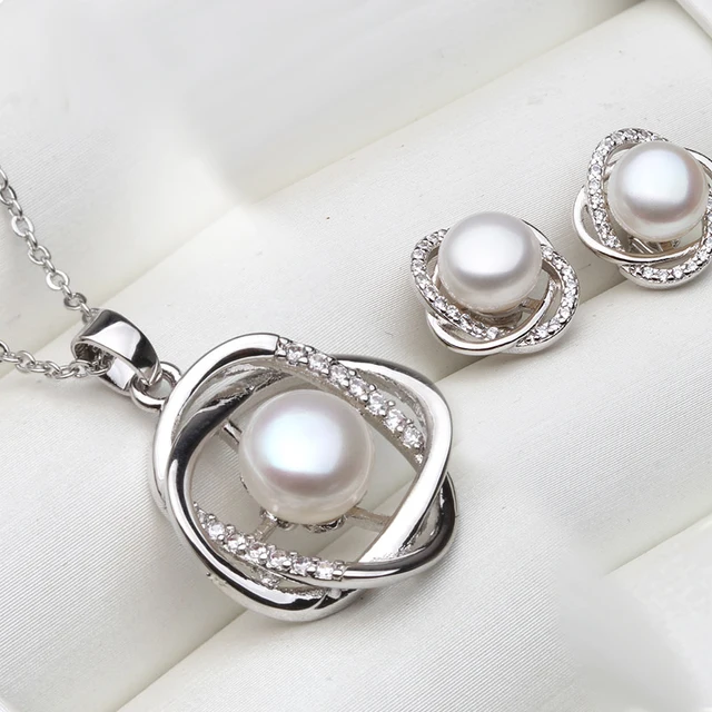 Ensemble de boucles d'oreilles et collier en argent Sterling 925 véritable pour femmes, ensembles de pendentifs en perles naturelles de mariage classiques, cadeau blanc noir gris 1