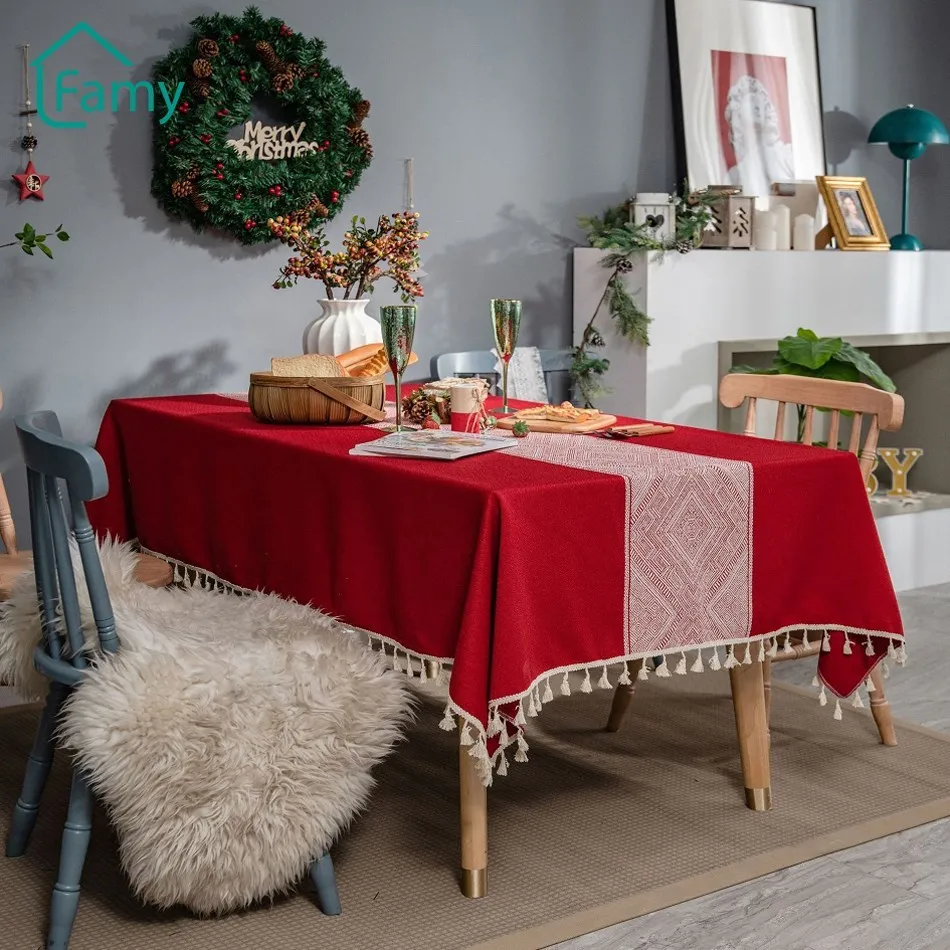 

Red Table Cloth Christmas Party Tablecloth Decoration Tassel Polyester Rectangular Coffee Table Living Room Home Table Cover Mat