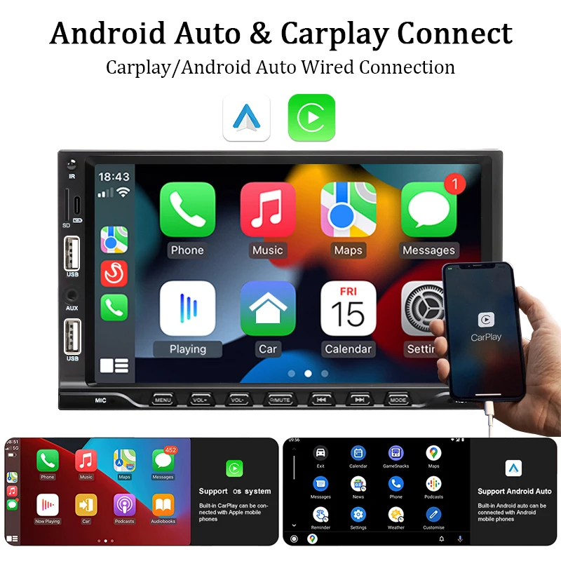 7" Car Radio 1 Din Carplay Android Auto MP5 Multimedia Bluetooth Player Dual USB