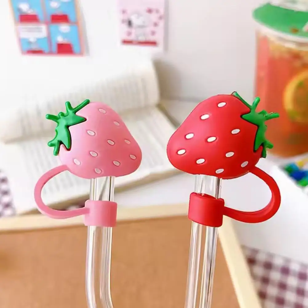 Cute Strawberry Straw Covers For Stanley Tumbler Cups Kawaii Silicone Straw Toppers Dust-Proof Protector Cap For 10mm Straws