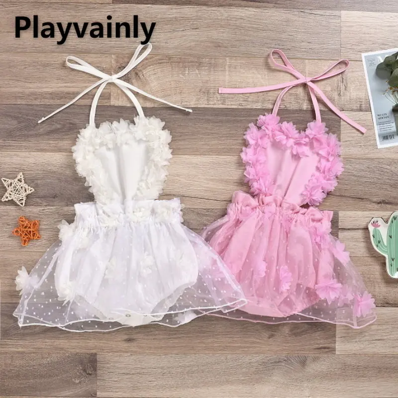 

Summer Baby Girl Bodysuit Pink White Gauze Petal Sleeveless Sling Jumpsuit Princess Dress Infant Clothes Newborn Outfits E1599