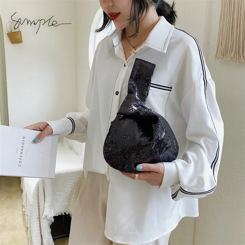 Cute Summer Designer Shiny Sequin Small Bucket Tote Elegant French Style Solid Color Evening Bag Party Silver Clutch Wholesale
