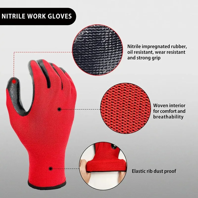 1Pair Nylon Safety Work Gloves High Quality Nitrile Coated Wear-resistant Non-slip Protective Gardening Construction Work Gloves 2