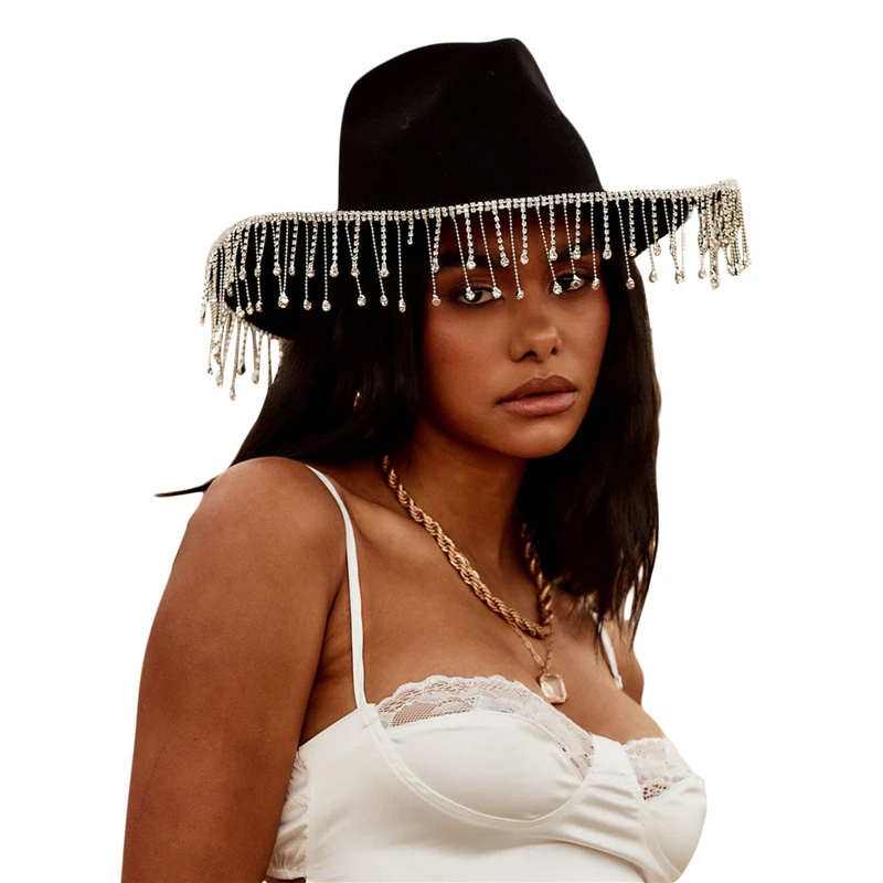Lamuusaa Cowgirl Hats Women Western Aesthetic Wide Brim Rhinestone Tasseled Large Cap Party Clubwear Cottagecore Accessories
