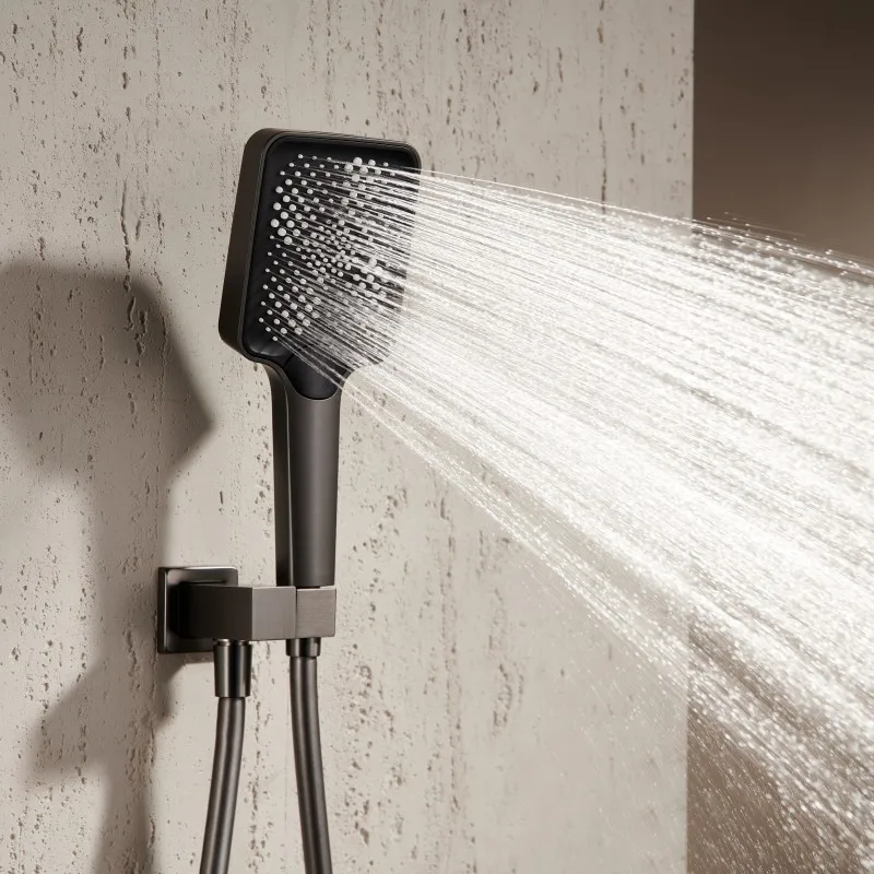 Juego de ducha de cascada oculta empotrada en gris, grifo de ducha de temperatura constante oculto integrado, estilo dosel, pistola doméstica