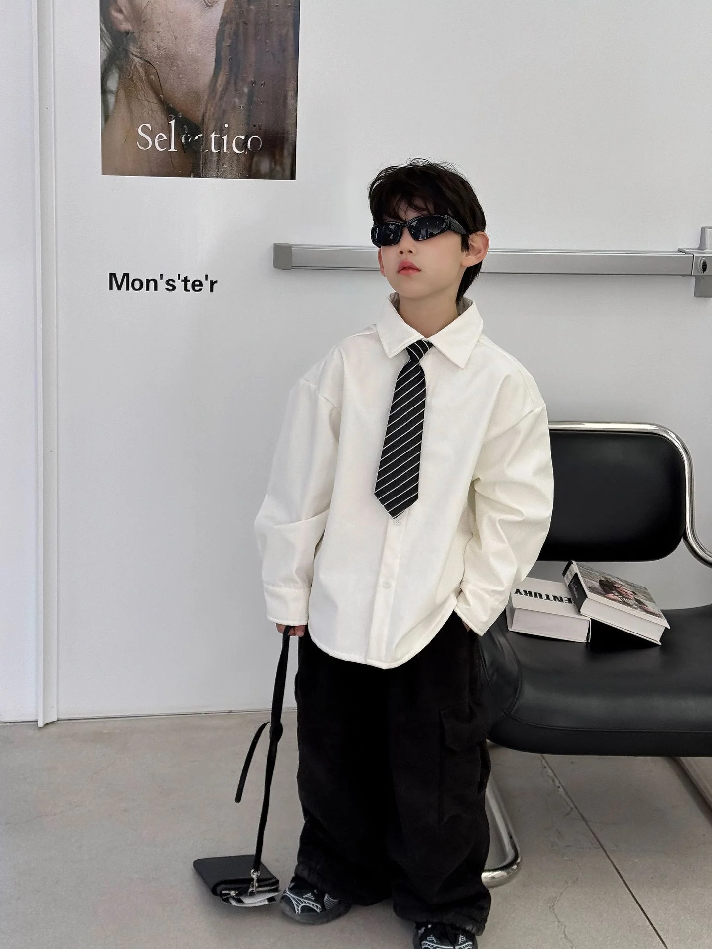 소년용 순색 플리스 안감 셔츠 겨울 신상 아동용 한국판 다용도 스쿨 스타일 오픈 가디건 넥타이 포함 트렌디