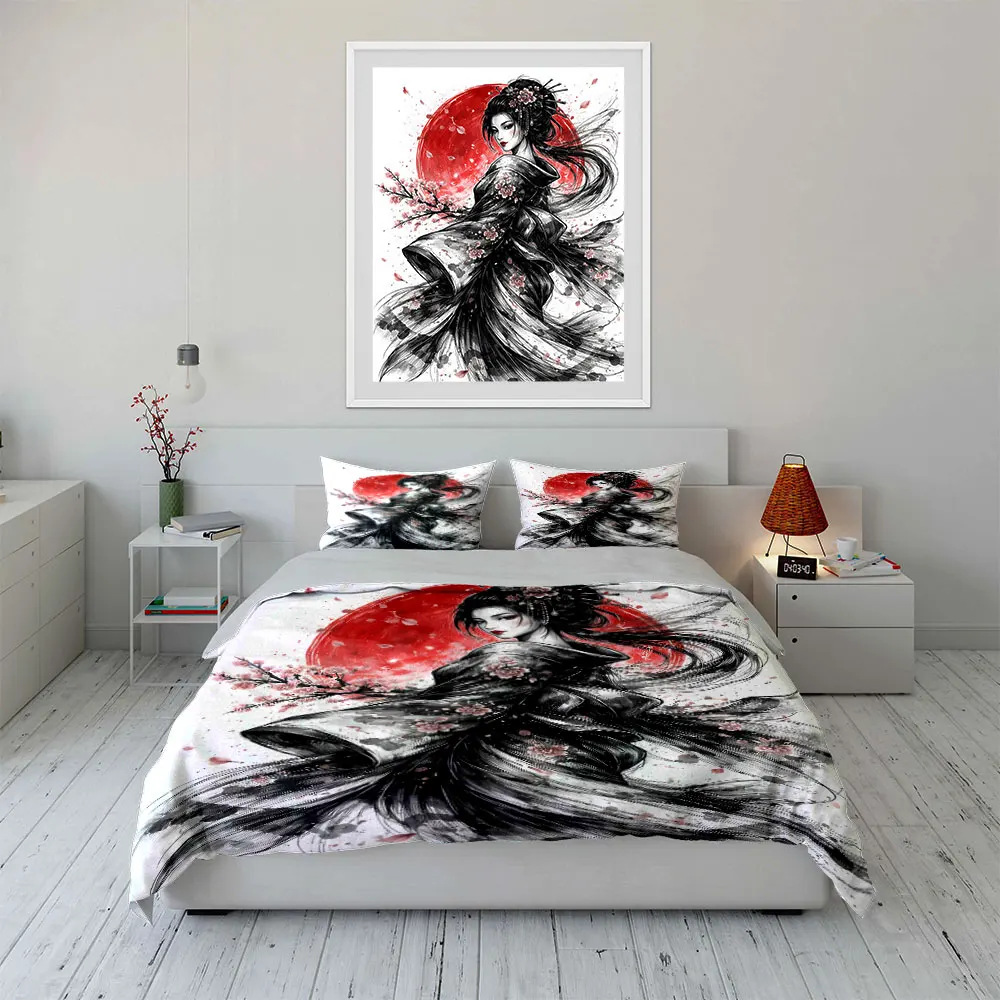 Japanese Ukiyo-e Kimono girl Bedding Set for Kids Luxury Gift 3pcs Digital Print Comforter Set Soft Comfortable Breathable 4
