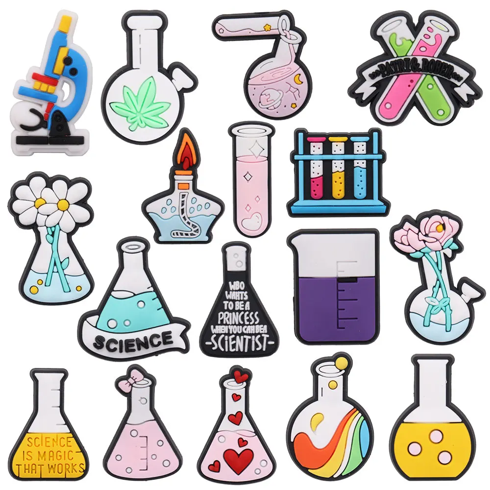 1-17Pcs PVC Science Lab Equipment DIY Shoe Charm Children Button Clog Test Tube Sandals Decorations Birthday Gift