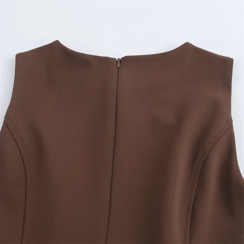 Elegant Pleated Mini Dress Women Brown O-Neck Sleeveless A Line High Waist Party Dresses Fashion Casual New Zipper Robes