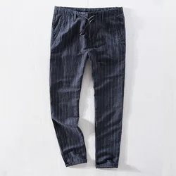 Men Spring Autumn Fashion Brand Japan Style Vintage Striped Cotton Linen Straight Pants Male Casual Loose Thin Pants Trousers
