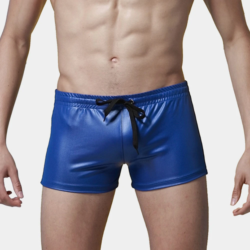 Swimwear Men Faux Patent Leather Swim Boxer Trunks Swimsuits Summer Beach Surfing Shorts Drawstring Swimming Pants