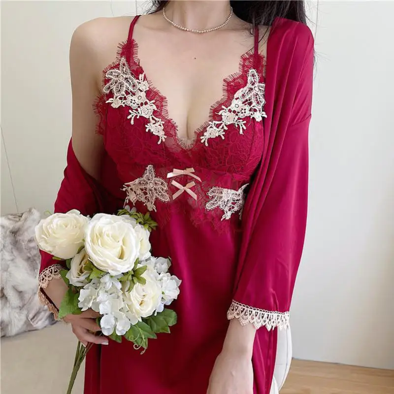 

Nightgown Women Soft Satin Sleepwear 2PCS Kimono Robe Set Loungewear Nightwear Intimate Lingerie Sexy Perspective Bathrobe Gown
