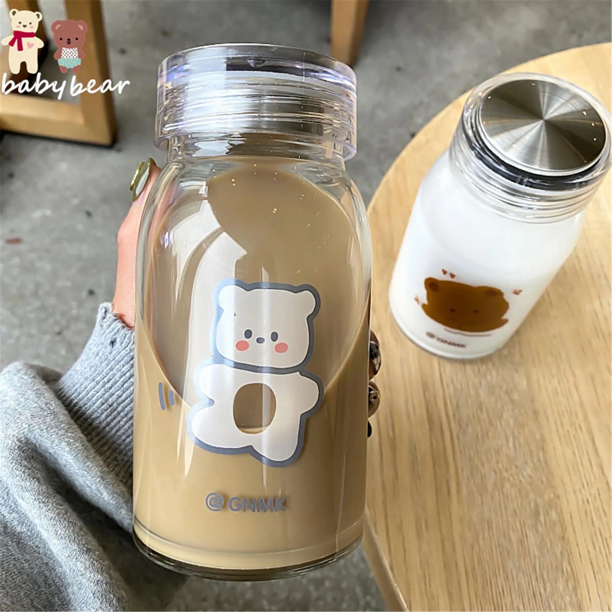 Charming Cartoon Bear Glass Water Bottle with Lid - 500ML Travel-Ready Aesthetic Design