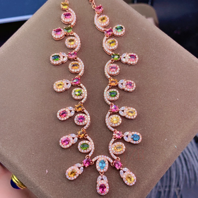 925 sterling silver natural Tourmaline necklace, simple and exquisite senior dress goddess must-have 4*6mm